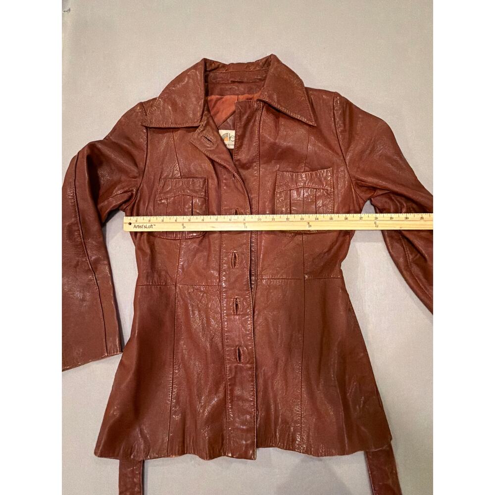 Vintage 70s Le Soleil Genuine Leather Jacket 7/8 Brown Belted Safari Coat - Picture 14 of 14